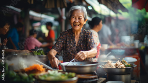 Asian lady cooking traditional dish in outdoor street food market in Thailand photo