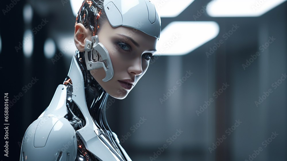 AI robot futuristic technology android or cyber humanoid. Artificial Intelligence cyborg robot in 3D - obrazy, fototapety, plakaty 