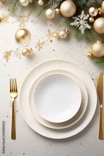 Top view of elegant and festive christmas table setting with xmas decoration and ornaments. Flat lay, mockup