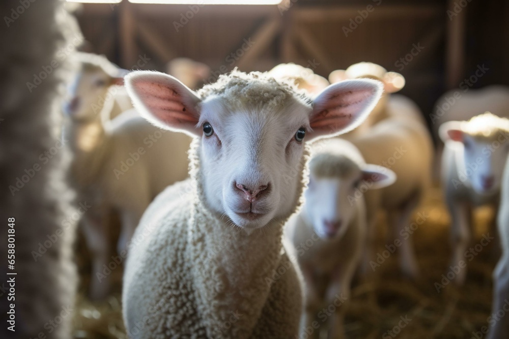 close-up of adorable lamb staring at camera inside barn, while flock of sheep eats in the background. Generative AI