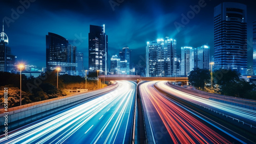 City road light  night megapolis highway lights of cityscape background. Panorama of megacity traffic with highway road motion lights trails  long exposure photography