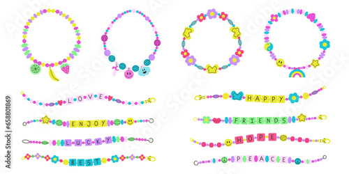 Set funky acid plastic beads bracelets with letters and other colorful elements in y2k style. Happy, friends, love, lucky. Flat cartoon vector illustration. DIY hand made concept. Kidcore jewelry