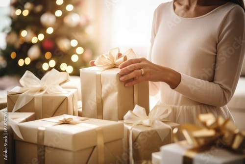 Woman packing bunch of christmas gifts in decorated living room. Xmas spirit idea
