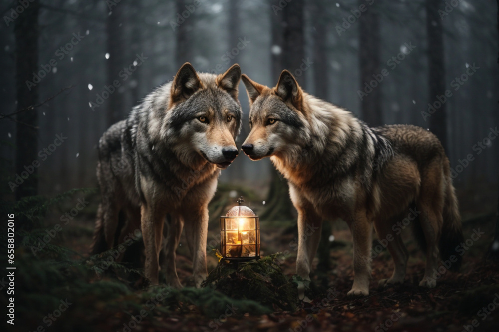 Fototapeta Selective focus view of two wolves huddling next to lantern at night in a forest, with snowflakes falling