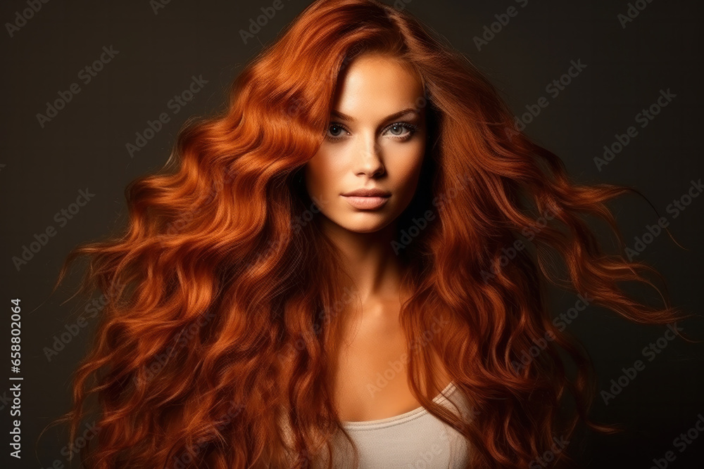 Redhead girl with long and shiny wavy red hair. Beautiful model with curly hairstyle Redhead girl with long and shiny wavy red hair. Beautiful model with curly hairstyle