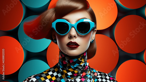 Fashion retro futuristic girl wearing sunglasses. Futuristic pop art retro fashion woman with geometric pattern background © Artofinnovation