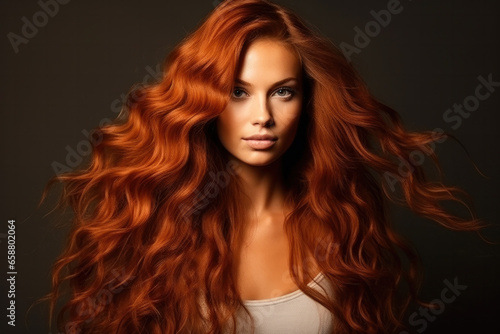 Redhead girl with long and shiny wavy red hair. Beautiful model with curly hairstyle