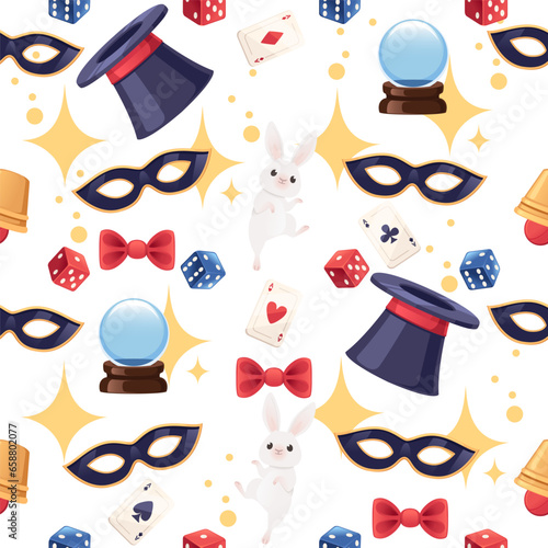 Seamless pattern of classic retro magic tools - wand, hat, bow,playing card and others simple cartoon design vector illustration on white background