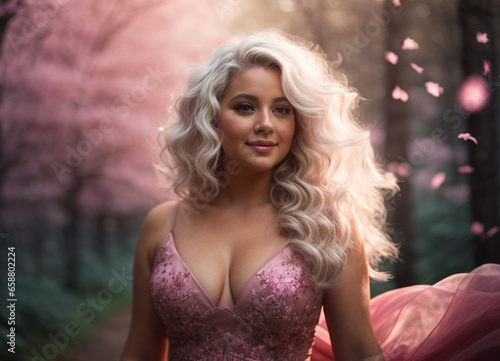 Portrait of beautiful woman pink walking in the forest