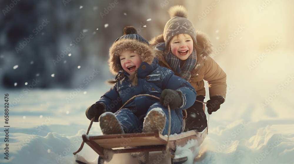 Two children having fun on a sled during a sunny winter day in the snow. Generated with ai. Two children having fun on a sled during a sunny winter day in the snow. Generated with ai.