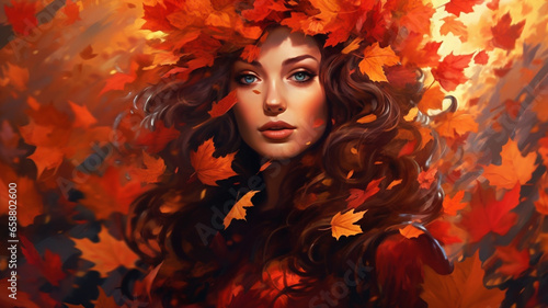 Fall theme art, beautiful female model with colorful autumn leaves