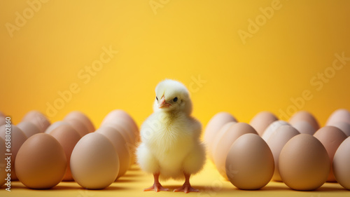 Small Chicken with Eggs on Yellow Background © M.Gierczyk