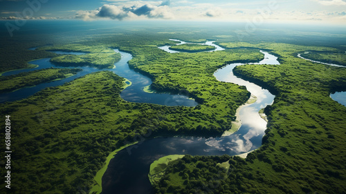 Aerial drone landscape view of a river delta with lush green vegetation and winding waterways © Artofinnovation