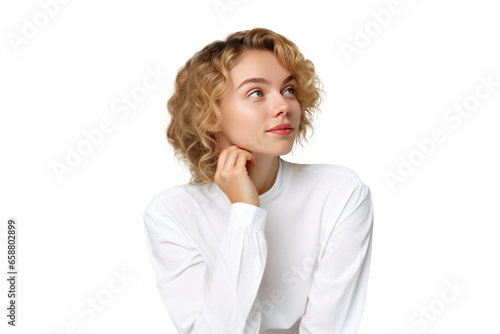 young woman is daydreaming by lost in thoughts