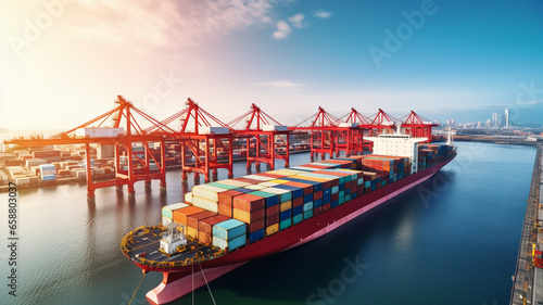 Large shipping container inside port, concept of trade and logistics