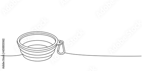 Portable water bowl for pet one line continuous drawing. Animals accessories, pet toy supplies continuous one line illustration.