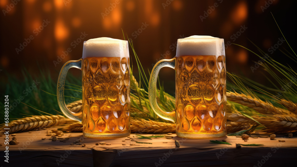 Beer Mugs with Wheatgrass Background