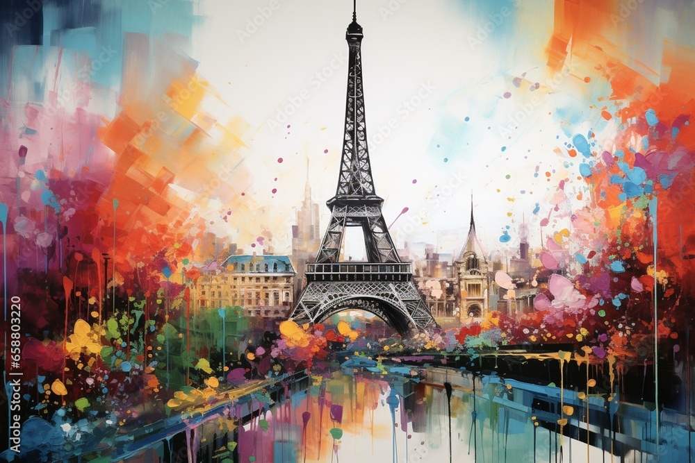 Colorful abstract painting depicting the Eiffel Tower in Paris cityscape. Generative AI