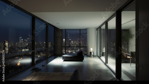 The interior of a modern apartment in a skyscraper with a view of the city at night light from the window