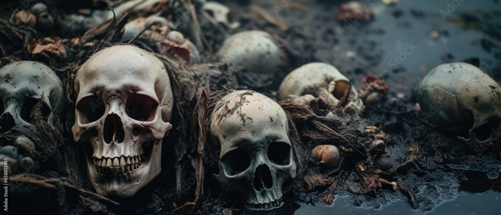 Skeletal remains of fallen warriors of war, human skulls and bones embedded in dirty wet swamp mud, death and decay, mass grave horror. Skeletal remains of fallen warriors of war, human skulls and bones embedded in dirty wet swamp mud, death and decay, mass grave horror.
