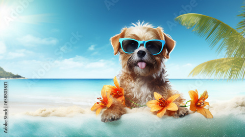 A cheerful dachshund dog wearing vibrant sunglasses and a tropical lei, ready for a sunny beach day