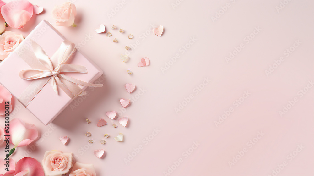 Elegant gift box adorned with a satin bow, surrounded by delicate roses and rose petals on a soft pink background Elegant gift box adorned with a satin bow, surrounded by delicate roses and rose petals on a soft pink background