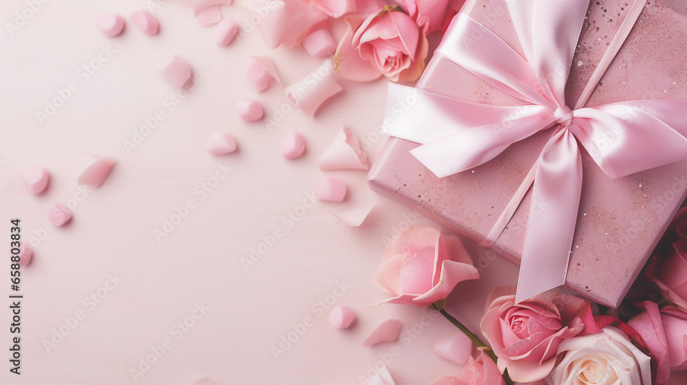 Elegant gift box adorned with a satin bow, surrounded by delicate roses and rose petals on a soft pink background Elegant gift box adorned with a satin bow, surrounded by delicate roses and rose petals on a soft pink background