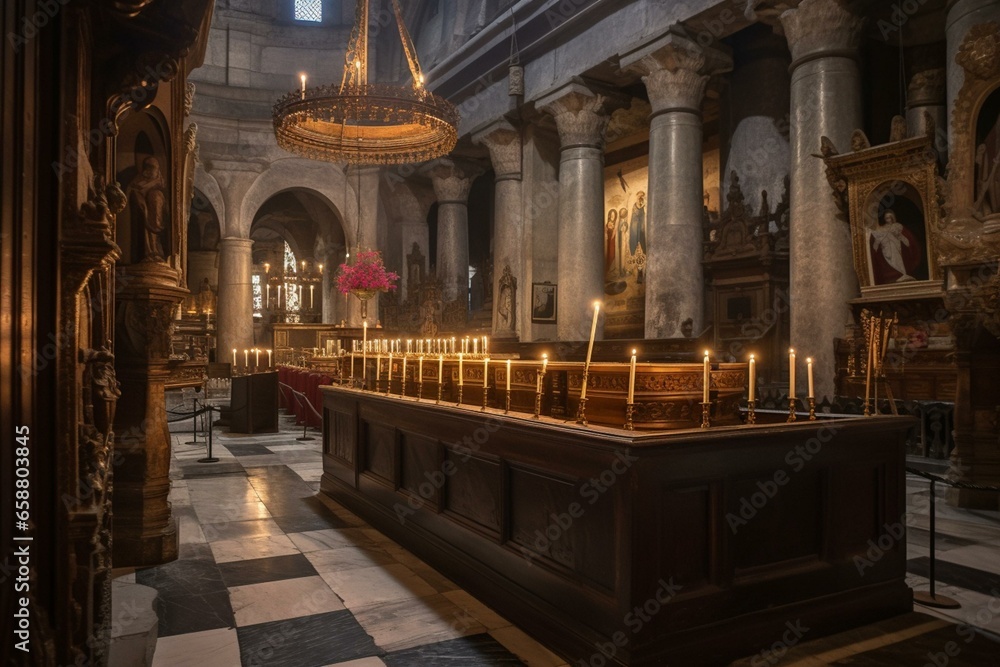 Inside the holy sepulchre cathedral. Generative AI