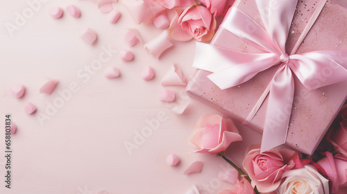 Elegant gift box adorned with a satin bow, surrounded by delicate roses and rose petals on a soft pink background