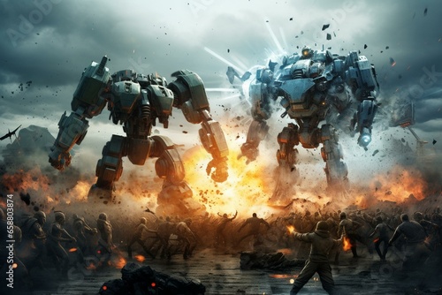 futuristic battle between robots in a futuristic war. Generative AI photo