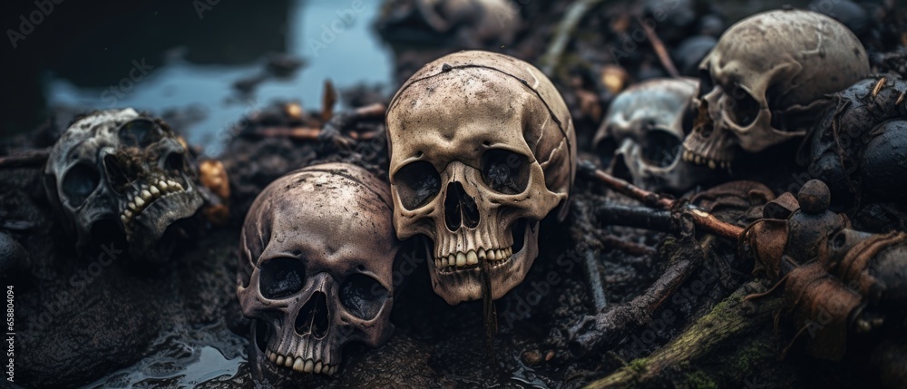 Skeletal remains of fallen warriors of war, human skulls and bones embedded in dirty wet swamp mud, death and decay, mass grave horror. Skeletal remains of fallen warriors of war, human skulls and bones embedded in dirty wet swamp mud, death and decay, mass grave horror.