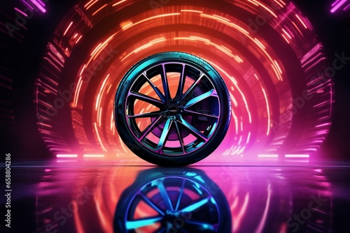 Beautiful tire with alloy wheel on neon background, demonstrating safe driving on a wet track and attractive car design. Generative AI