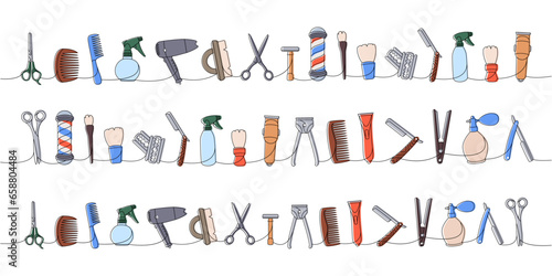Set of hairdresser tools one line colored continuous drawing. Hair clipper, comb, sharp razor blade, hair straightener, scissors, hair dryer, brush