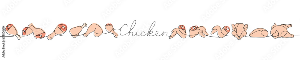Chicken meat set one line colored continuous drawing. Raw chicken meat parts continuous one line illustration. Vector minimalist linear illustration.