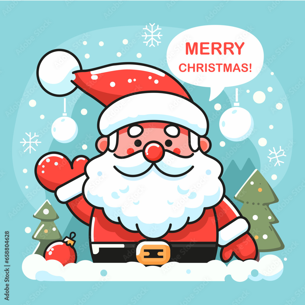 Merry Christmas, greeting card with fun cute Santa Claus, snowflakes, pine tree, vector, illustration.