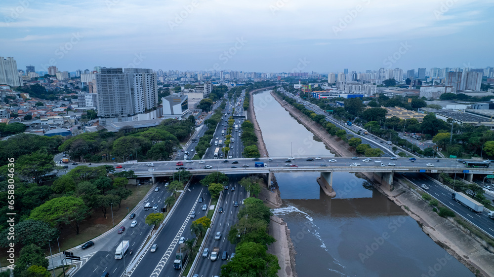 Aerial view of Marginal Tiete in the Freguesia Do O. In São Paulo, SP