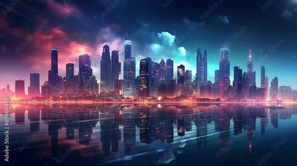 A futuristic cityscape at night, with skyscrapers illuminated by neon lights, reflecting in the calm waters of a harbor, creating a mesmerizing urban panorama