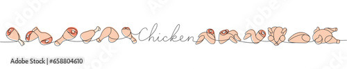 Chicken meat set one line colored continuous drawing. Raw chicken meat parts continuous one line illustration. Vector minimalist linear illustration.