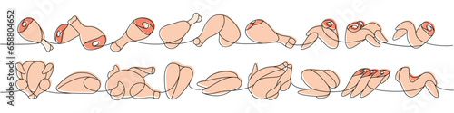 Fresh pieces of chicken one line colored continuous drawing. Raw chicken meat parts continuous one line illustration. Vector linear illustration.