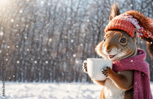 Cute cartoon squirrel, cup in a winter clearing