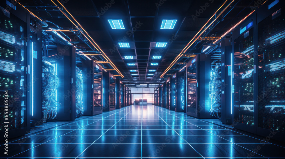 Shot of Corridor in Working Data Center Full of Rack Servers and Supercomputers with High Internet Visualisation Projection