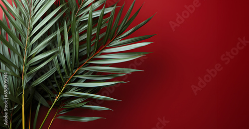 Green palm leaf on pastel red background.