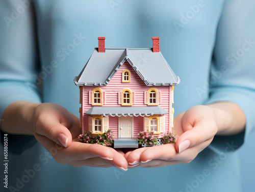 Human hands hold paper house, real estate investment.