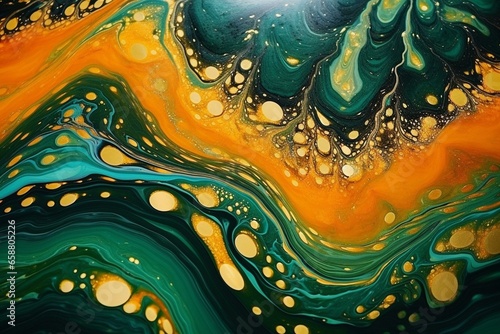 Stunning swirling liquid in green and orange with shimmering gold. Exquisite marbling banner. Generative AI