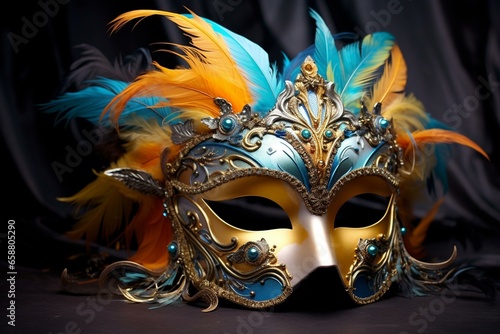 Acrylic, plexiglass Exquisite carnival mask adorned with vibrant feathers  against a shimmering golden backdrop. A glamorous design evoking the  essence of the Venice carnival. Generative AI, ID 658805290