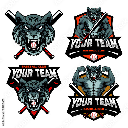 Baseball Shield Emblem Badge Club logo with a mascot of a Wolf head and half a body. set of logo variations