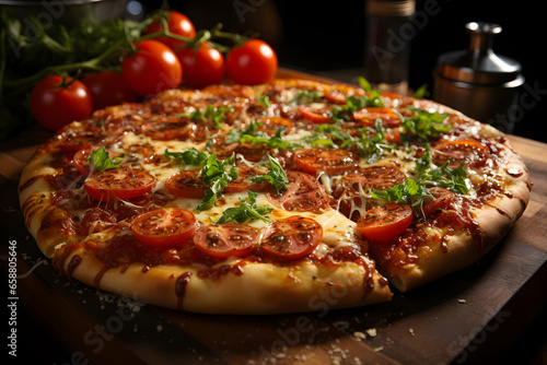 Tasty pizza with melted cheese and tomato, ready for delivered.
