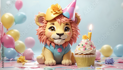 cute lion with birthday cake and colorful background
