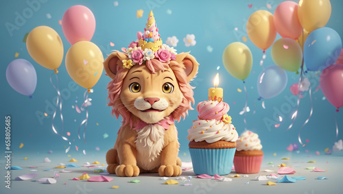 cute lion with birthday cake and colorful background © SeptianHadi