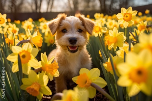 Cheerful puppy surrounded by Easter daffodils, enjoying the springtime. Generative AI